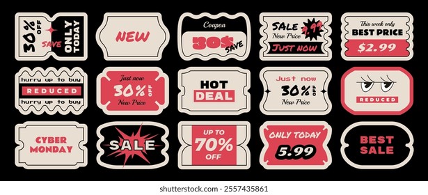 Big set of price tag and sale stickers. Label coupon in brutalism and modern y2k style. Sale promotion labels, black friday, 11.11.11, cyber monday. Perfect for retail marketing and special offers