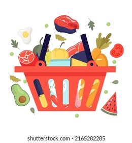 Gran conjunto de productos en la cesta. El concepto de una ilustración vectorial plana de la seguridad de la alimentación saludable para un banner, sitio web, plantilla de página de aterrizaje, publicidad y volante