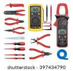 Big set of professional electrician tools. Pliers for stripping wire, pliers, wire cutters, side cutters, screwdrivers, multimeter, digital clamp meter, electrical tape. Isolated on white background.