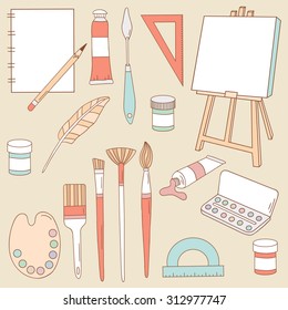 Big set of professional tools icons. Hand drawn icon collection, profession painter. Vector background with sketch objects. Decorative doodle elements. Colorful illustration design