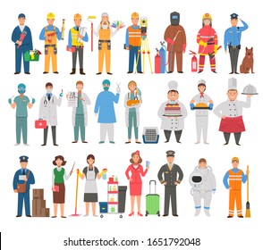 Big set of professions in cartoon flat style for children.
Plumber,carpenter,engineer,painter,colorist,surveyor,welder,firefighter,policeman,dentist,doctor,ophthalmologist,optometrist,surgeon