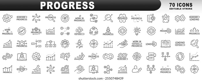 Gran conjunto de iconos de línea relacionados con el progreso. Procesar, desarrollar, cargar, Mejorar, etc. Trazo editable