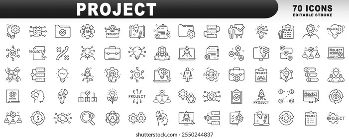 Gran conjunto de iconos de línea relacionados con la gestión de proyectos. Informe, Plan, inicio, engranaje, bombilla, etc. Trazo editable