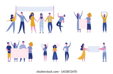 Big set of protesting people holding banners and placards. Men and women characters on political meeting, parade or rally. Group of male and female protesters or activists. Vector flat illustration