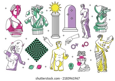 Big set with Psychedelic colorful greek statues, ancient sculpture, arch, column, planet and surreal elements. Collection of cartoon vector linear illustrations in trendy psychedelic trippy style.