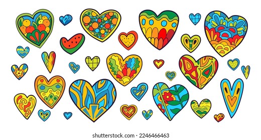 Große Menge psychedelischer Herzen im Boho-Stil, farbige Regenbogenaufkleber für den Valentinstag. Vektorgrafik für Banner, Hintergründe, Texturen