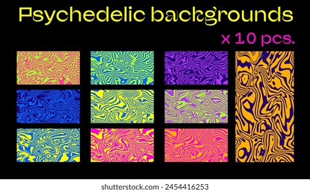 Big set of psychedelic neon backgrounds with wavy op-art pattern.