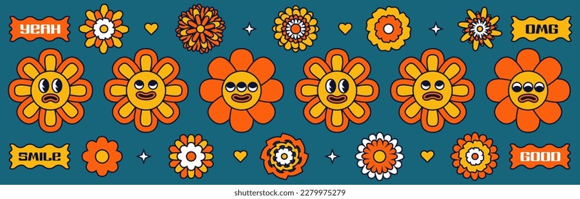 Big set of psychedelic retro flowers. Modern sticker design. Vector flat illustration in 70s style.