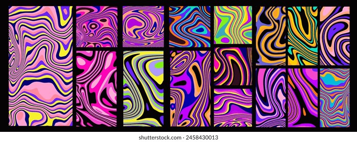 Big set of psychedelic trippy backgrounds with ink marbling ebru textures in neon vivid colors.