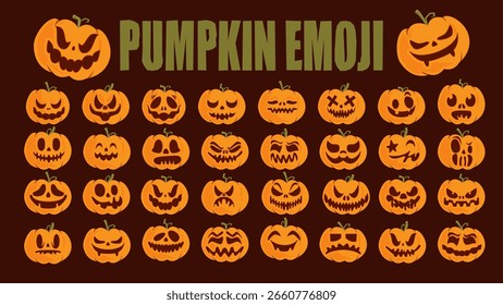 Große Kürbis-Emoji-Gesichter für Herbst, Halloween und Thanksgiving im Cartoon-Stil auf dunklem Hintergrund
