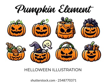 Gran conjunto de calabaza para la ilustración de Halloween. Horror y elemento espeluznante. Ajuste para el Anuncio, cartel, símbolo, fondo, ropa, cubierta. Vector Eps 10.