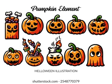 Gran conjunto de calabaza para la ilustración de Halloween. Horror y elemento espeluznante. Ajuste para el Anuncio, cartel, símbolo, fondo, ropa, cubierta. Vector Eps 10.