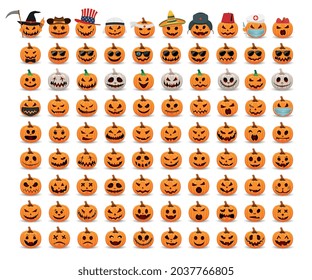 Big Set pumpkins on white background. The main symbol of the Happy Halloween holiday. Orange and white pumpkin with smile for your design for the holiday Halloween. Vector illustration.