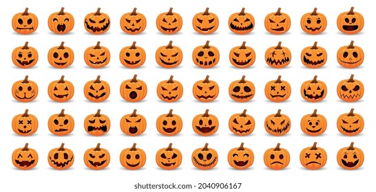 Big Set pumpkins on white background. The main symbol of the Happy Halloween holiday. Orange and white pumpkin with smile for your design for the holiday Halloween. Vector illustration.