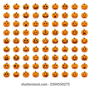 Big Set pumpkins on white background. The main symbol of the Happy Halloween holiday. Orange and white pumpkin with smile for your design for the holiday Halloween. Vector illustration.