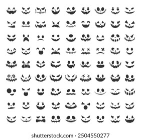 Big Set pumpkins on white background. The main symbol of the Happy Halloween holiday. Orange and white pumpkin with smile for your design for the holiday Halloween. Vector illustration.