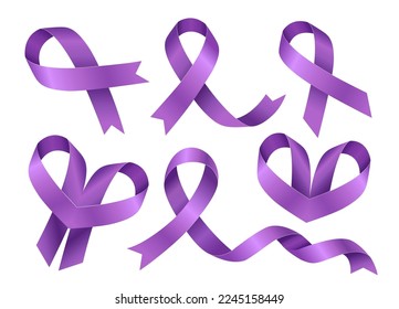 Gran conjunto de cintas moradas. Símbolo de la lucha contra el cáncer. Día Mundial del Cáncer.