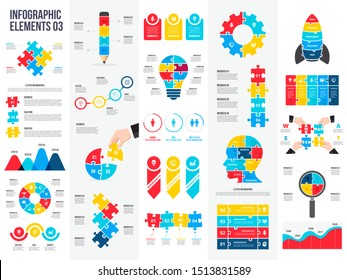 Big set of puzzle infographic elements. Can be used for steps, business processes, workflow, diagram, flowchart concept and timeline. Data visualization vector design template.