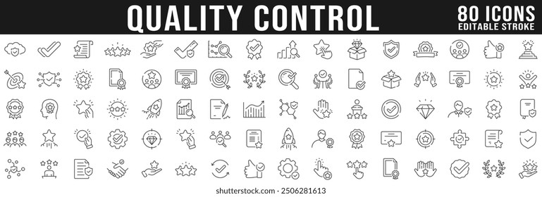 Big set of quality control related line icons. Check, review, approve, checkmark, star etc.