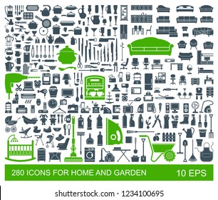 Big set of quality icons household items. Furniture, kitchenware, appliances, child care, garden. 280 Flat vector icon