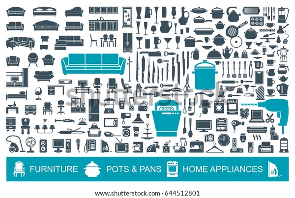 Big set of quality icons household items.
Furniture, kitchenware,
appliances