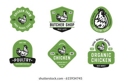 Grande conjunto de emblemas de frango vintage de qualidade, emblemas e designs de logotipo. Ilustração vetorial de galinha. Ótimo para fazendas, negócios avícolas, alimentos orgânicos, açougue, lojas de carne, restaurantes etc.