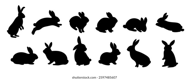 Big set rabbit silhouettes in various poses, isolated on white background. Simple black hare icons, perfect for Easter and wildlife themes. Cute and minimalistic animal illustrations
