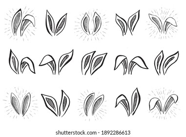 Big set Rabbits's ears. Hand drawn illustration.	