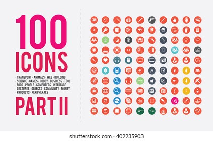 Big Set of ready-made simple vector icons on various topics: transport icons, animals icons, web icons, building icons, science icons, games icons, hobby icons, business icons, tool icons, food icons.