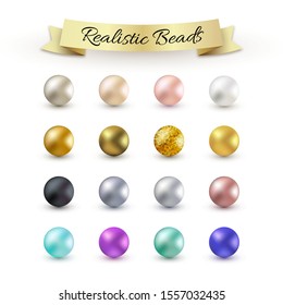 Big Set of Realistic Beads. 3d glossy sphere isolated on white background. Rose gold, platinum, glitter, silver, pearl, bronze, blue, black balls. Vector illustration for web design, decoration, print