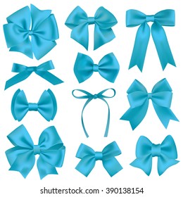 Big Set Of Realistic Blue Gift Bows And Ribbons