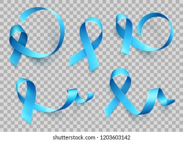 Big set of realistic blue ribbons isolated over white background. Symbol of prostate cancer awareness month in nowember. Template for poster. Vector illustration.