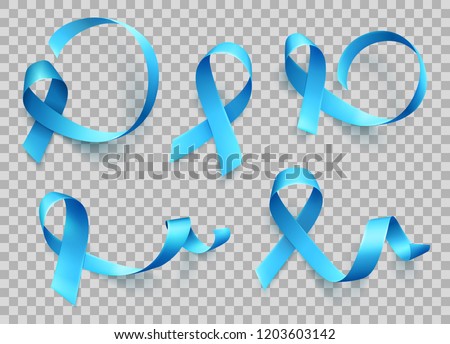 Big set of realistic blue ribbons isolated over white background. Symbol of prostate cancer awareness month in nowember. Template for poster. Vector illustration.