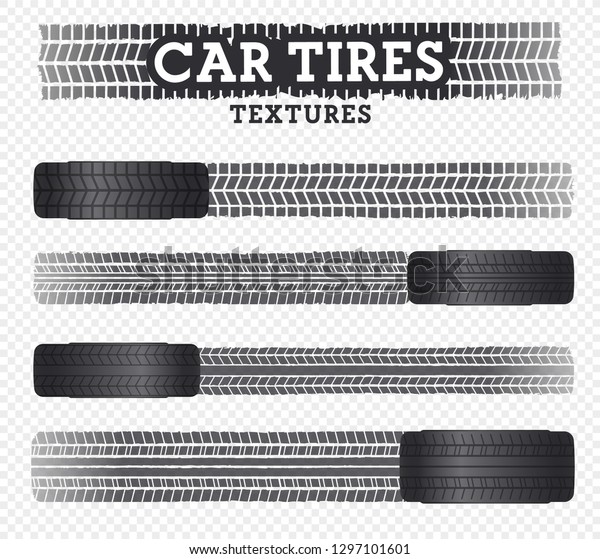 Big set of realistic car tires. Side view.\
Tire tread. Isolated vector\
illustration.