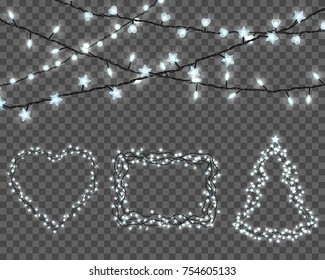 Big set of realistic color garlands, festive decorations. Glowing christmas lights isolated on transparent background. Sparkling borders.