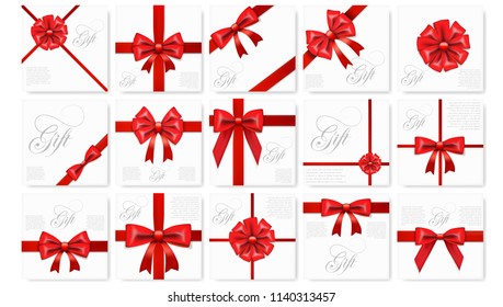 Big Set Of Realistic Gift Card With Red Bow And Ribbon Template. EPS10 Vector