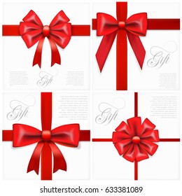 Big Set Of Realistic Gift Card With Red Bow And Ribbon Template. EPS10 Vector