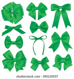 Big set of realistic green gift bows and ribbons