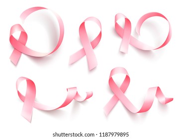 Big set of realistic pink ribbon isolated over transparent background. Symbol of breast cancer awareness month in october. Template for poster. Vector illustration.