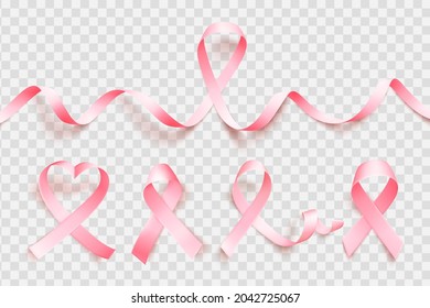 Big set of realistic pink ribbon isolated over white background. Symbol of breast cancer awareness month in october. Vector illustration.