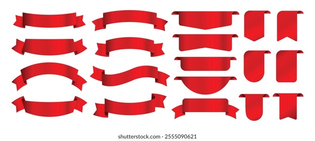 Big set of realistic Red Ribbons banner decoration isolated on white background.red gradient ribbon shiny element collection.vector illustration