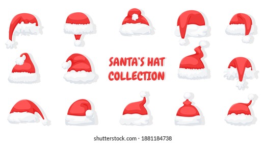 Big set of realistic Santa Claus hats isolated on white background. Christmas bright, red Santa Claus hats with fur and fur bubo. Vector illustration