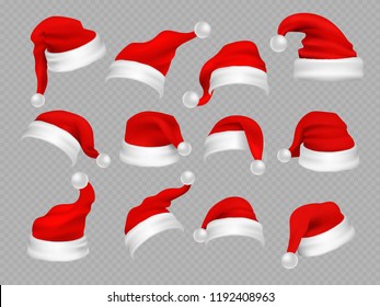 Big set of realistic Santa Hats isolated on transparent background. Vector santa claus hat colllection, holiday cap to xmas illustration