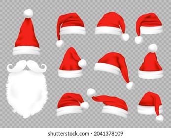 Big set of realistic Santa Hats isolated on transparent background. Vector santa claus hat colllection, holiday cap to xmas illustration