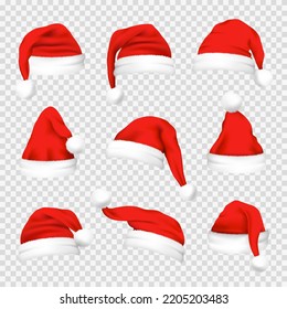 Big set of realistic Santa Hats isolated on transparent background. Vector santa claus hat colllection, holiday cap to xmas illustration