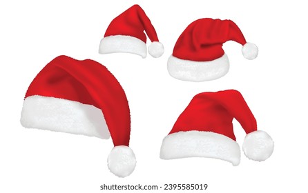 Big set of realistic Santa Hats isolated on transparent background. Vector santa claus hat colllection, illustration
