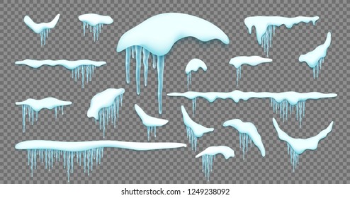 Big set of realistic snow caps, icicles, snowball and snowdrift isolated over white background. Design template for winter and christmas. Vector illustration.