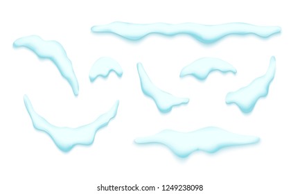 Big set of realistic snow caps, icicles, snowball and snowdrift isolated over white background. Design template for winter and christmas. Vector illustration.