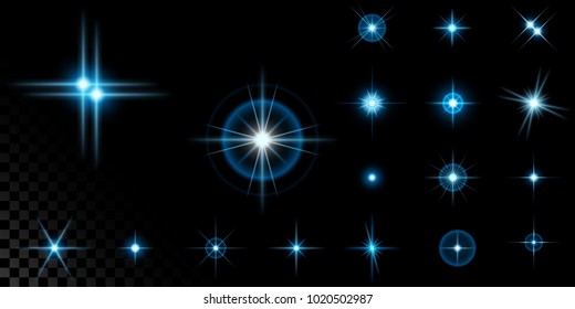 Big set of the realistic sparkling blue star fires and flashes on a black transparent background. A vector illustration.