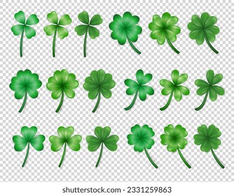 Big set of realistic vector green clovers various shape and style on transparent background. Different cartoon trefoil as an Irish symbol, sign of luck. Plant with leaves, shamrock for St Patrick Day